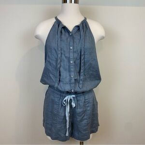 Lou & Grey Loft NWT Linen Dusty Gray Romper Sz S Tie Neck Racerback Pockets